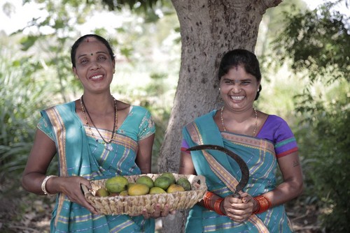 Women holding basket of mangoes Women holding basket of mangoes